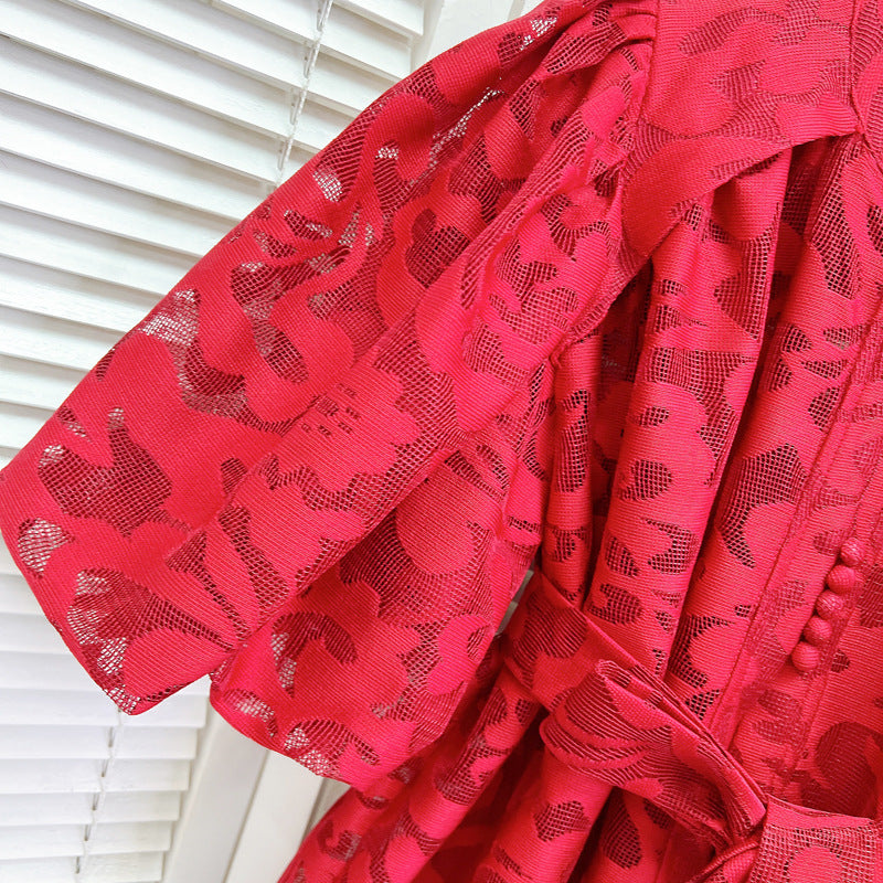 Women Round Neck Vintage Jacquard Puff Sleeve Casual Belt Dress 15