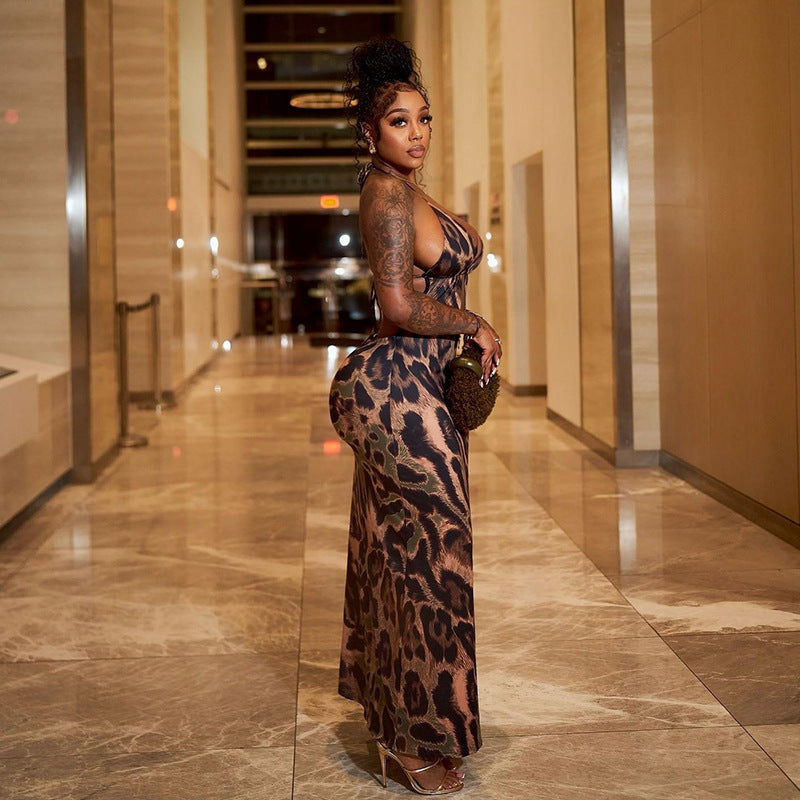 Summer Women's Fashion Sexy Halter Neck Lace-Up Low Back Leopard Print Long Dress 4