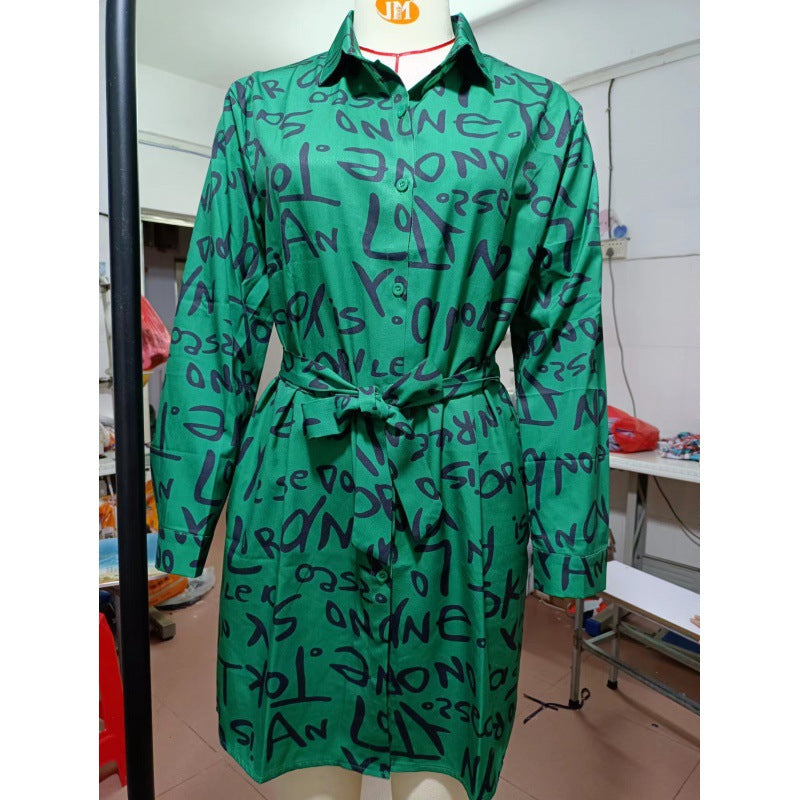 Autumn Women's Ol Chic Printed Turndown Collar Loose Shirt Dress