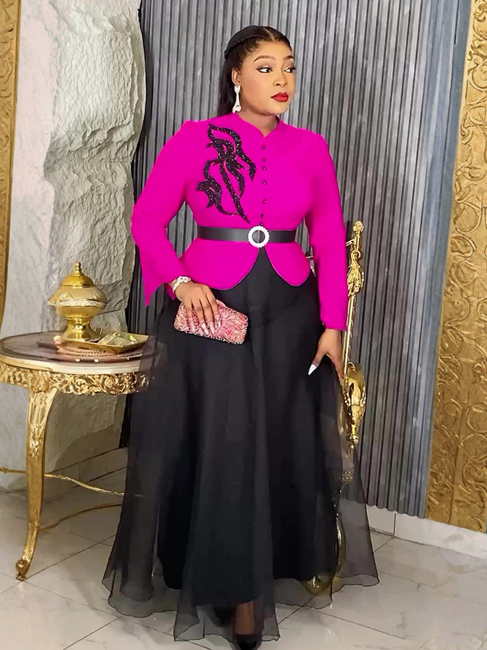 Women long-sleeved button fake two-piece Beaded dress 5