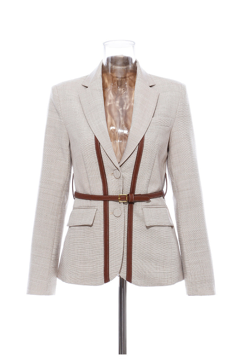 Fashion Leather Belt Patchwork Blazer Jacket 6