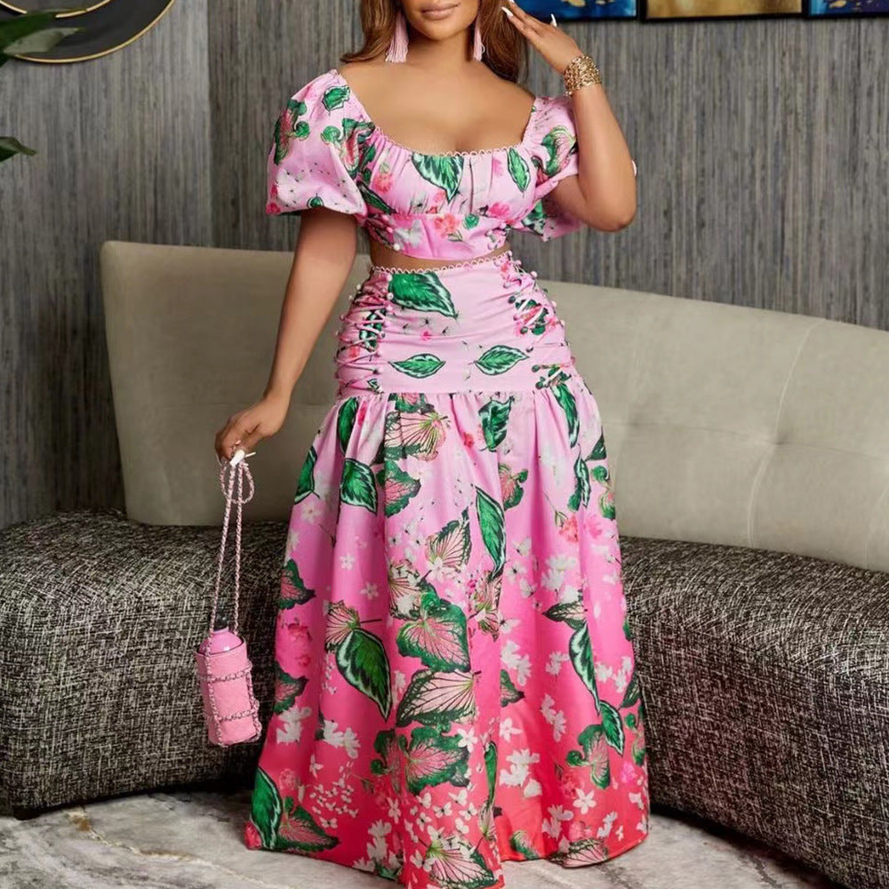 Women Casual Leaf Ombre Print Top and Skirt Two-Piece Set 7