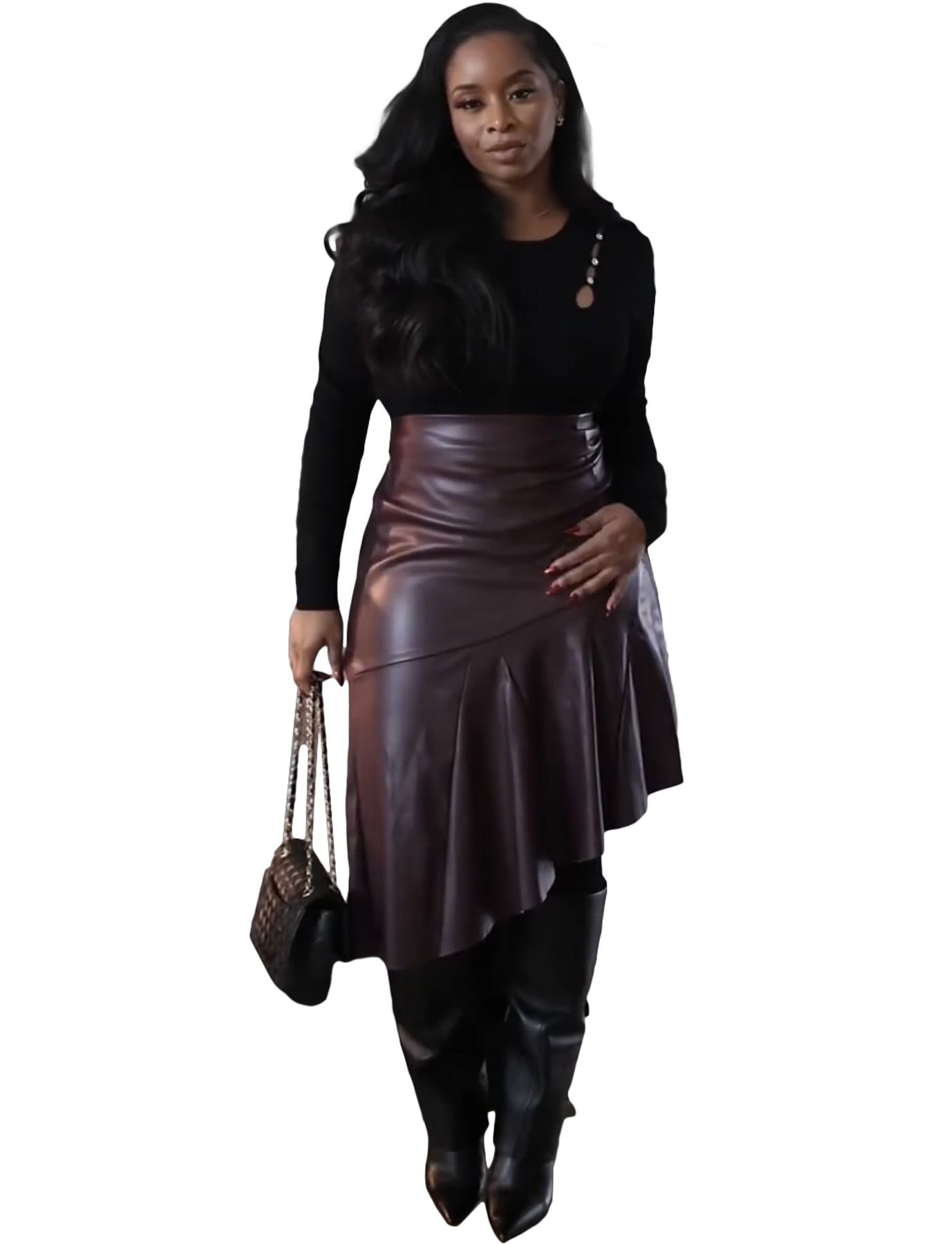 Women Autumn and Winter High Waisted Irregular PU-leather Skirt 6