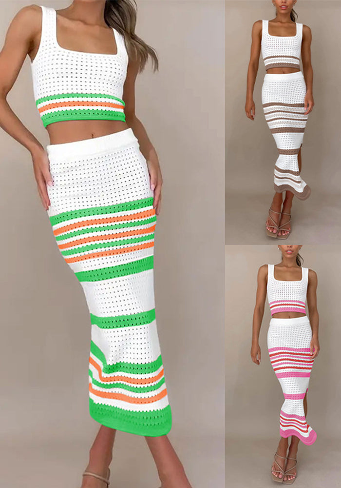 Women Contrast Color Striped Tank Top and Skirt Two-piece Set