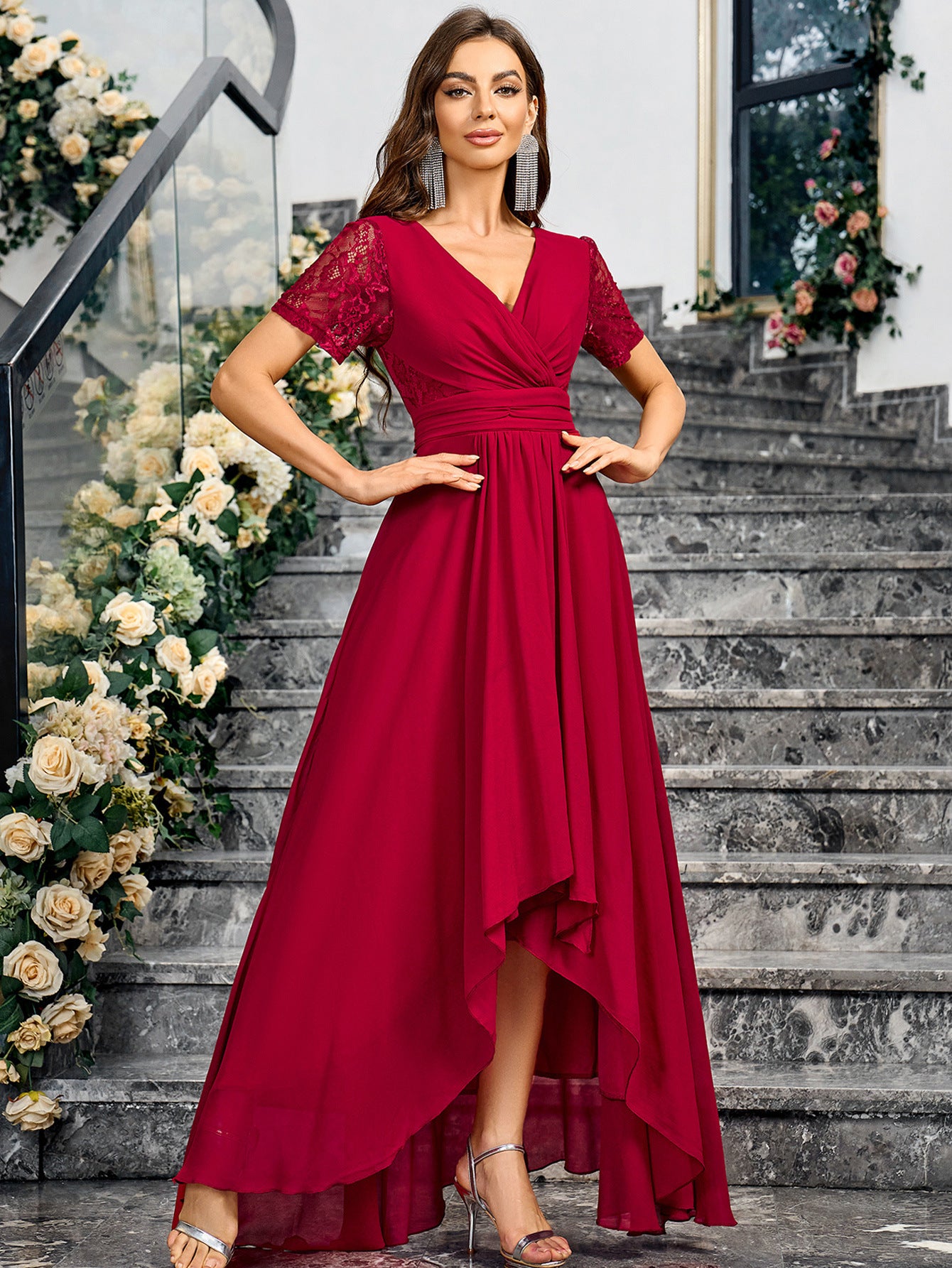 V-Neck Solid Color Summer Elegant Slim Long Formal Party Dress 5