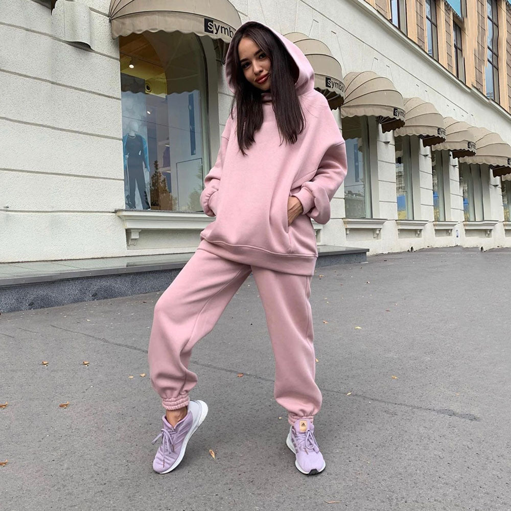 Women'S Fall Winter Fashion Solid loose Hoodies Casual Two Piece tracksuits 4
