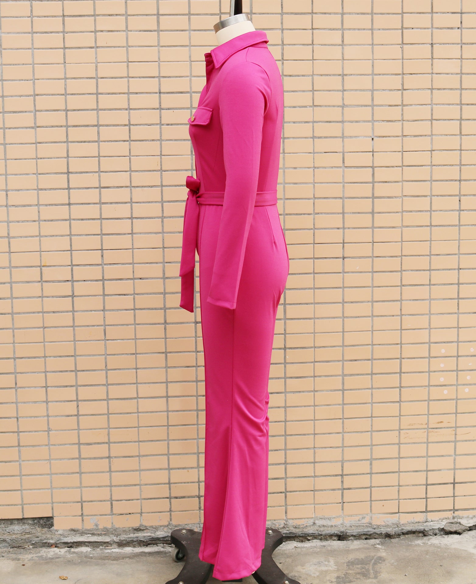 Women Turndown Collar Long Sleeve Bell-Bottom Jumpsuit 19