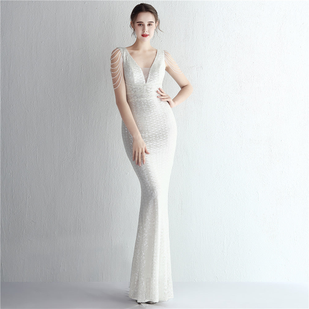 Women Beaded Iridescent Strapless Evening Dress 5