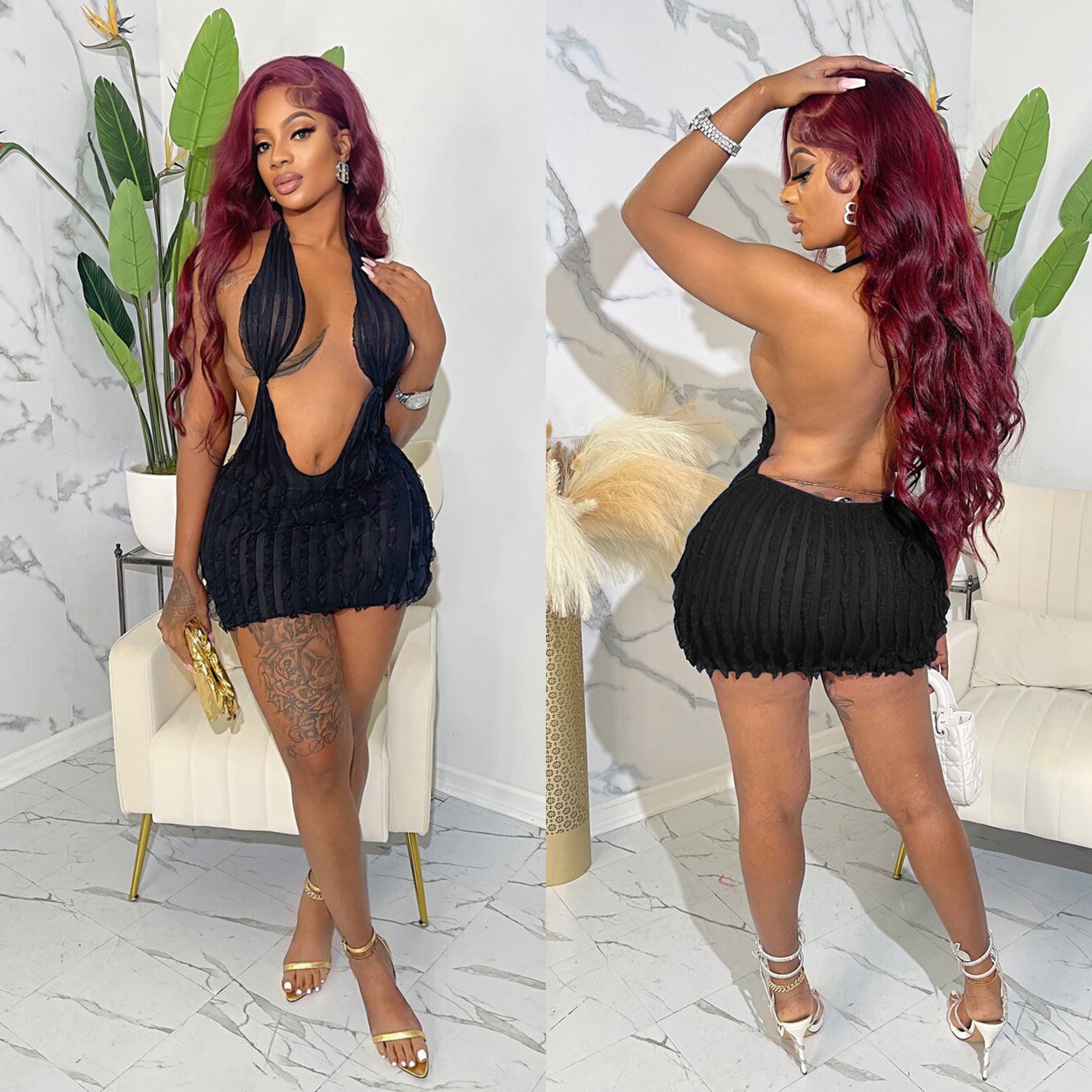 Women Solid Hollow Wave Pattern Dress 8