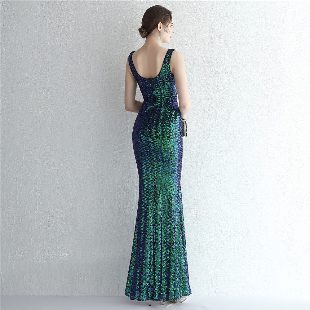 Women Iridescent Sequin Straps Deep v Formal Party Sequined Evening Dress 13