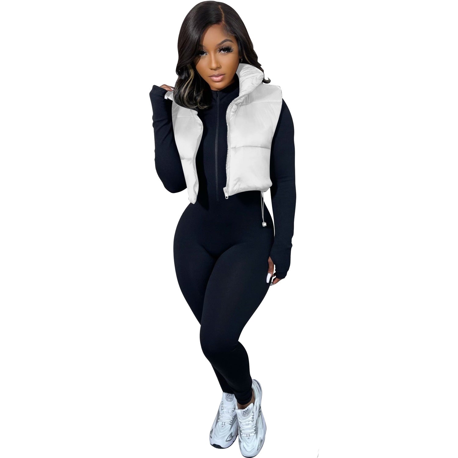 Women Solid Turn Down Collar Padded Vest