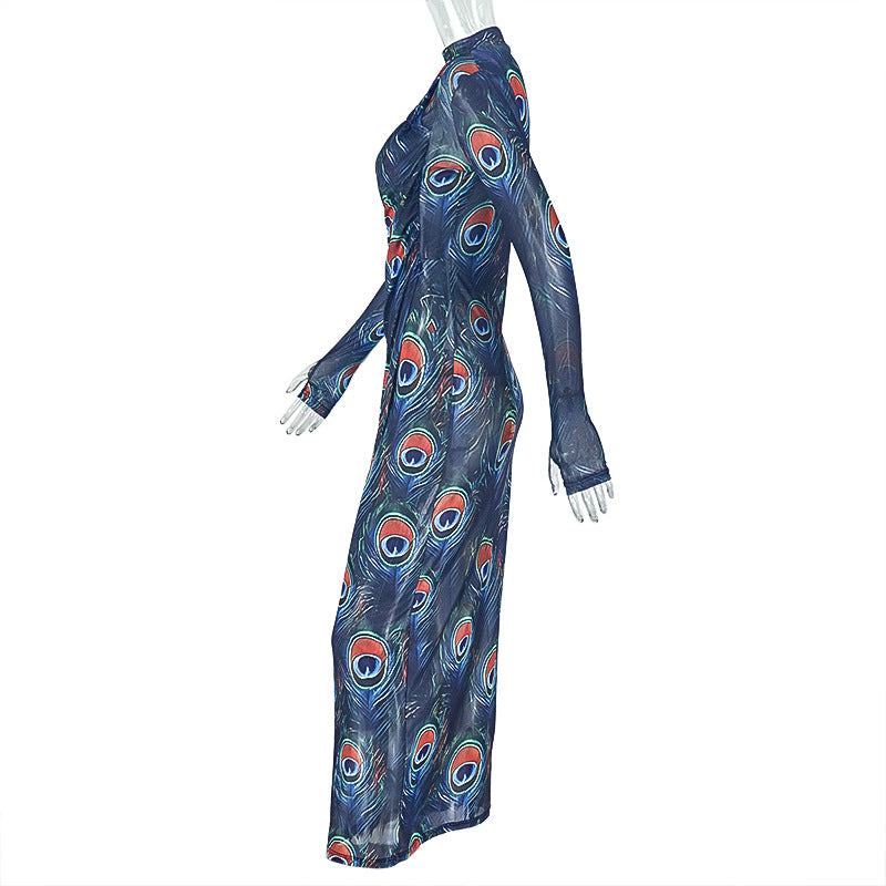 Stylish Women's Printed Sexy Sheer High Neck Long-Sleeve Slim Fit Long Dress 7