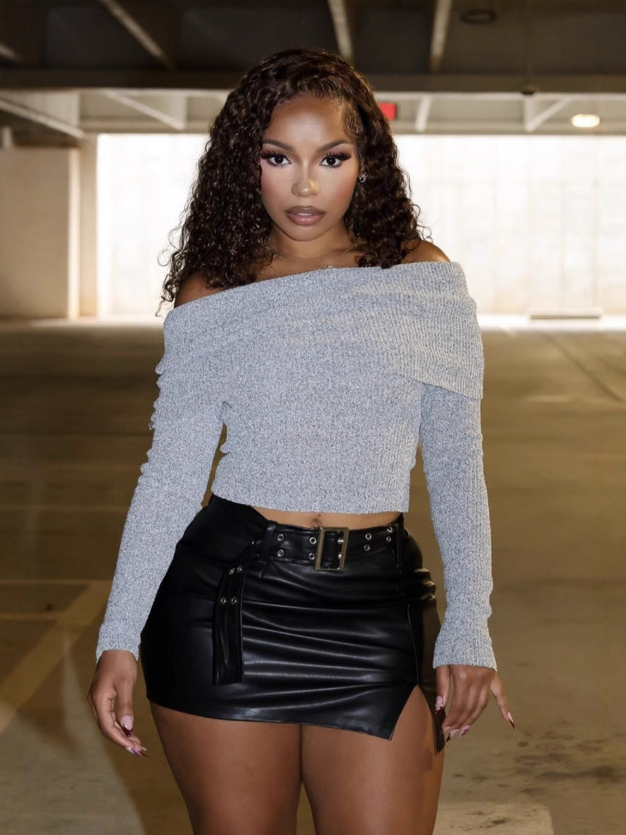 Women's Belt Pu Leather Bodycon Slit Short Skirt