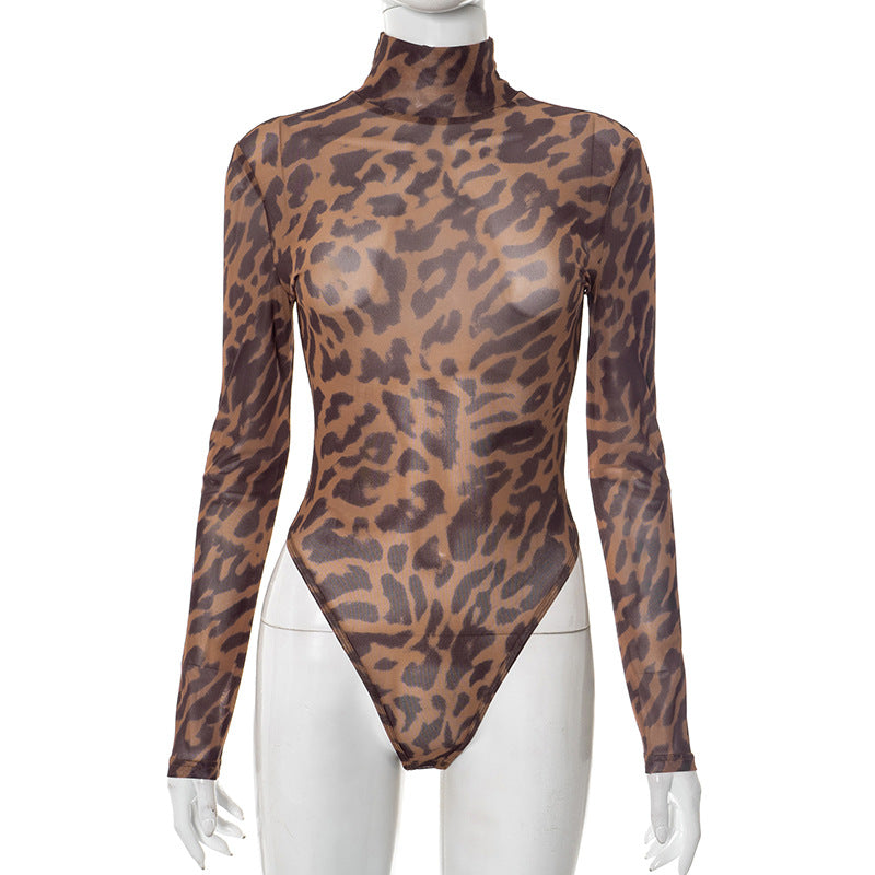 Women's Leopard Print Mesh High Neck Long Sleeve Fingerless Glove Bodysuit Tight Fitting Leggings Set 5