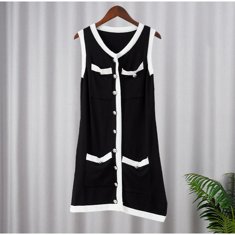 Elegant Sexy Dress Knitting Skirt Pearl Button Sleeveless Sexy Dress 5