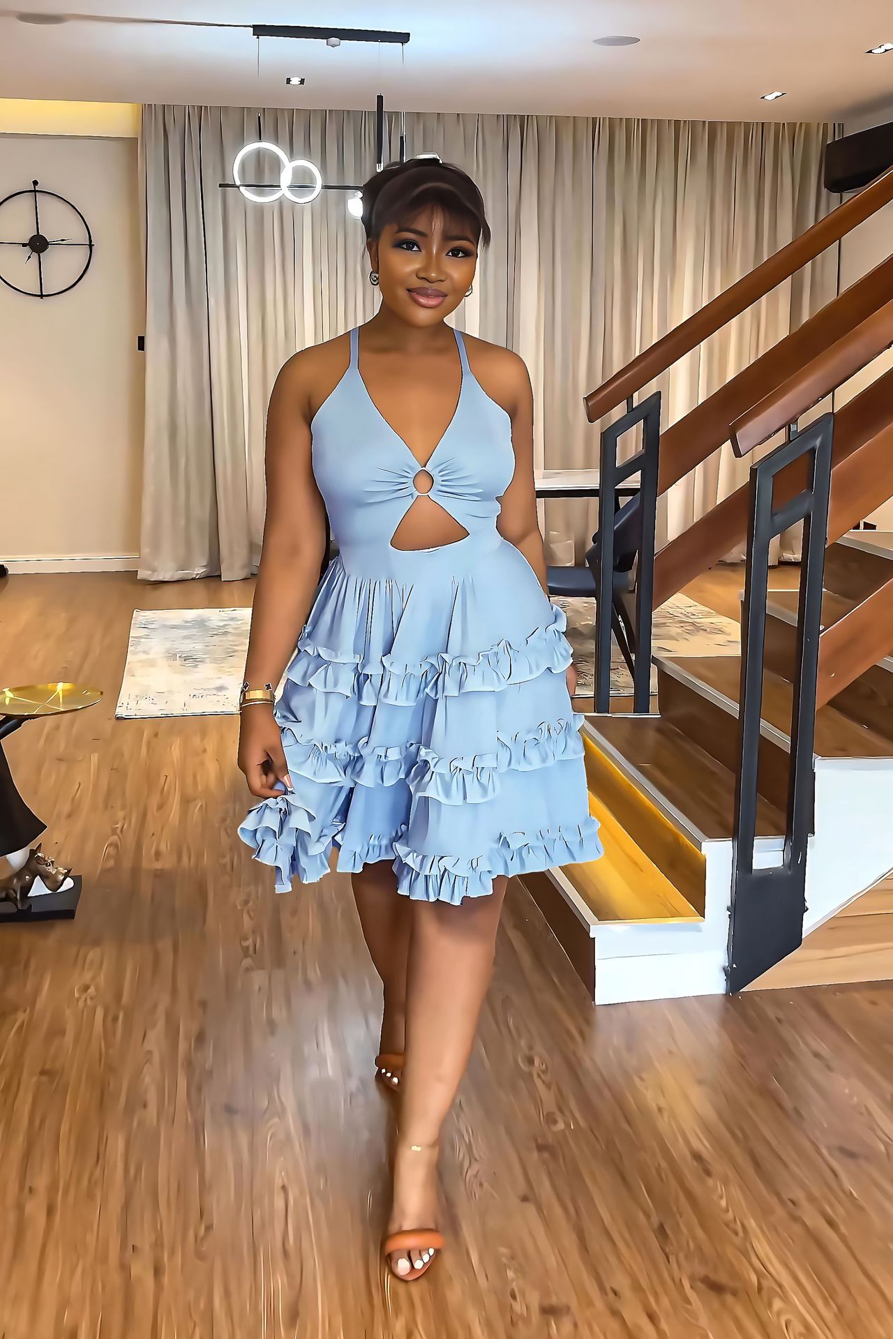 Low Back Halter Chic Ruffle Edge Sexy Slim Straps Women's Dress 3