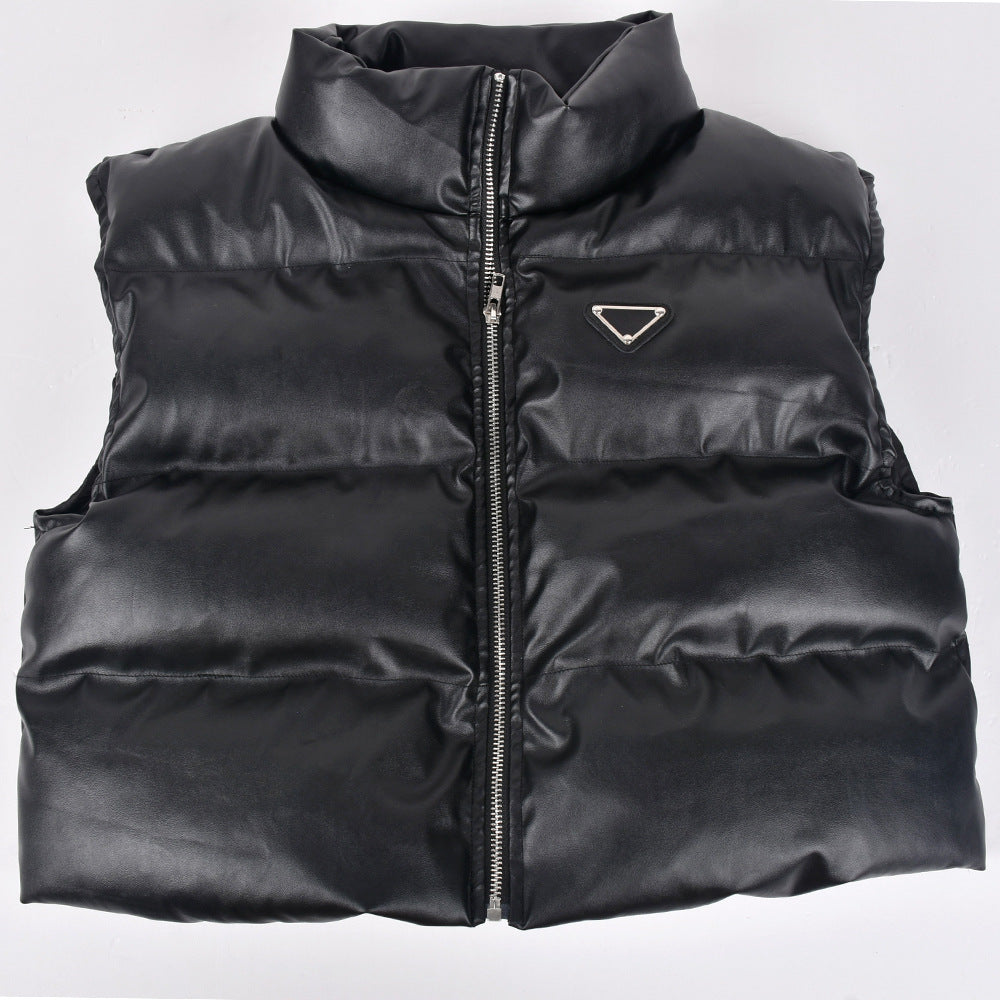 Women Winter Fashion Trend Pu Leather Cotton-Padded Vest 6