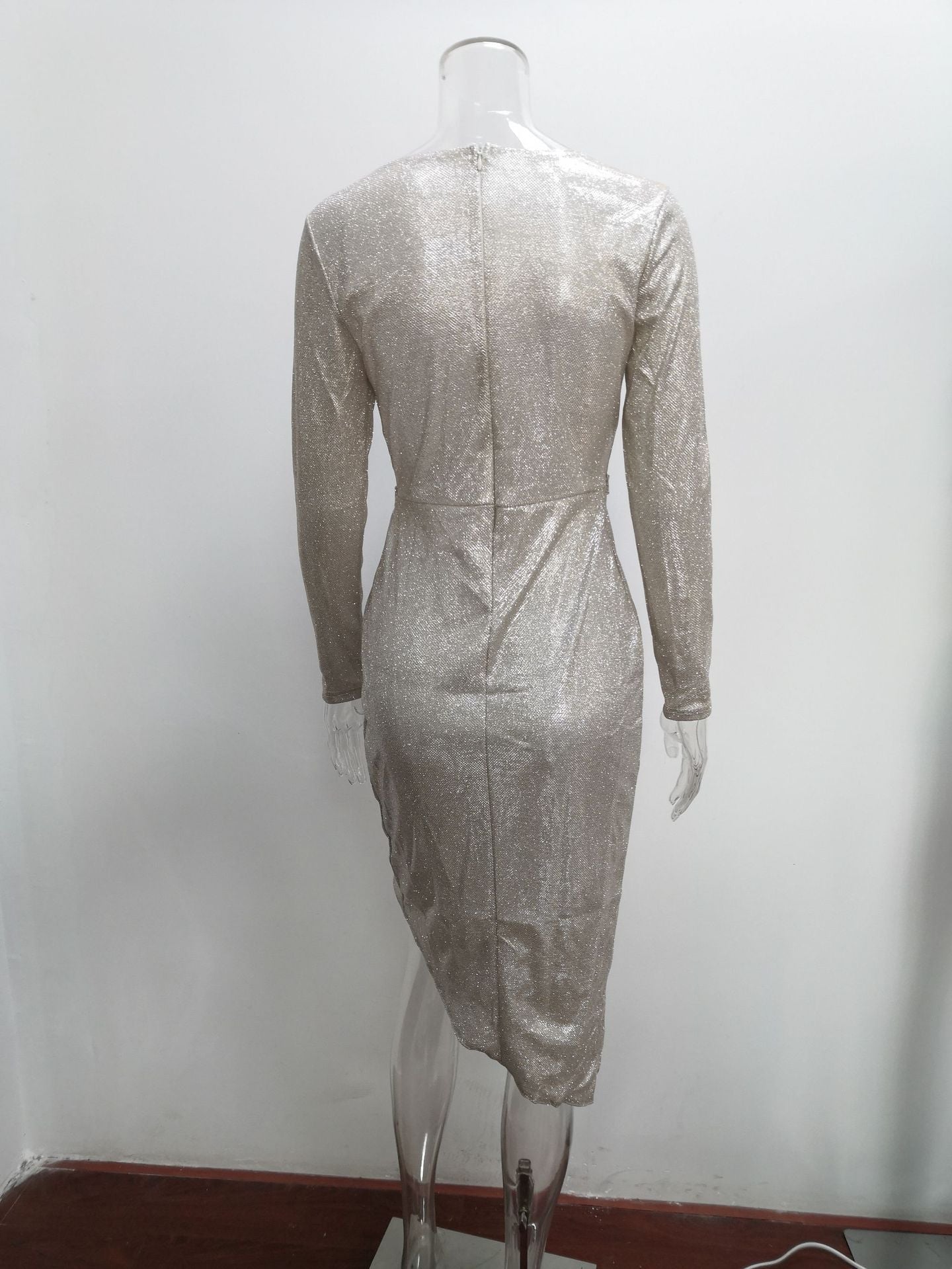 Women Shiny long-sleeved V-neck sparkling evening sexy dress 38