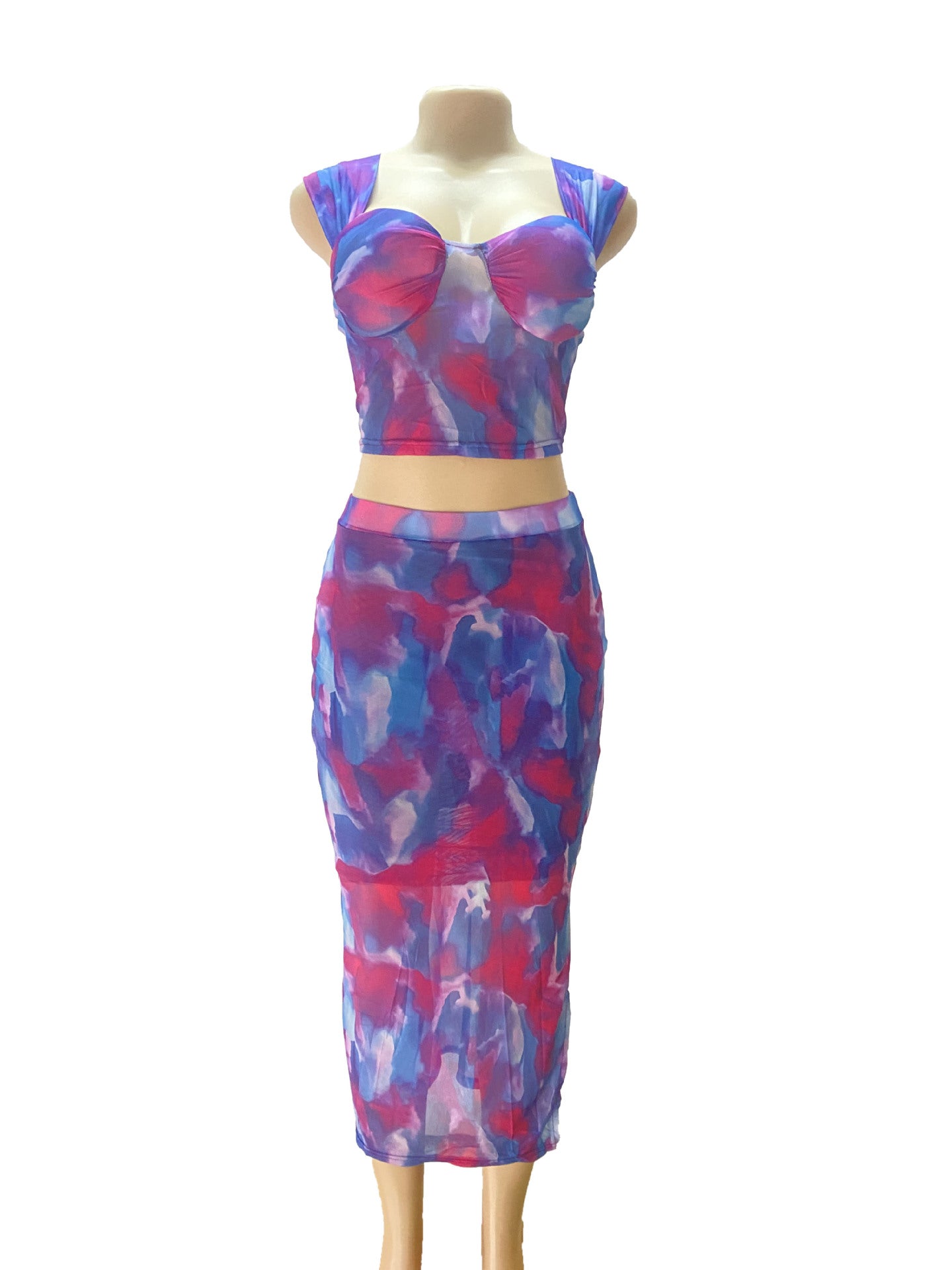 Women Sexy Top and Mesh Print Slit Skirt Two-piece Set 4