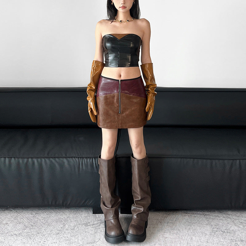 Autumn Street Fashion Pu Leather Color Matching Strapless Slim Two Piece Skirt Set 5