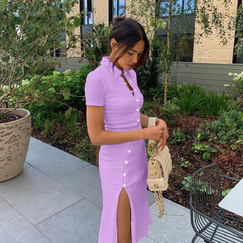 Women Button Bevel Slit Solid Dress 17