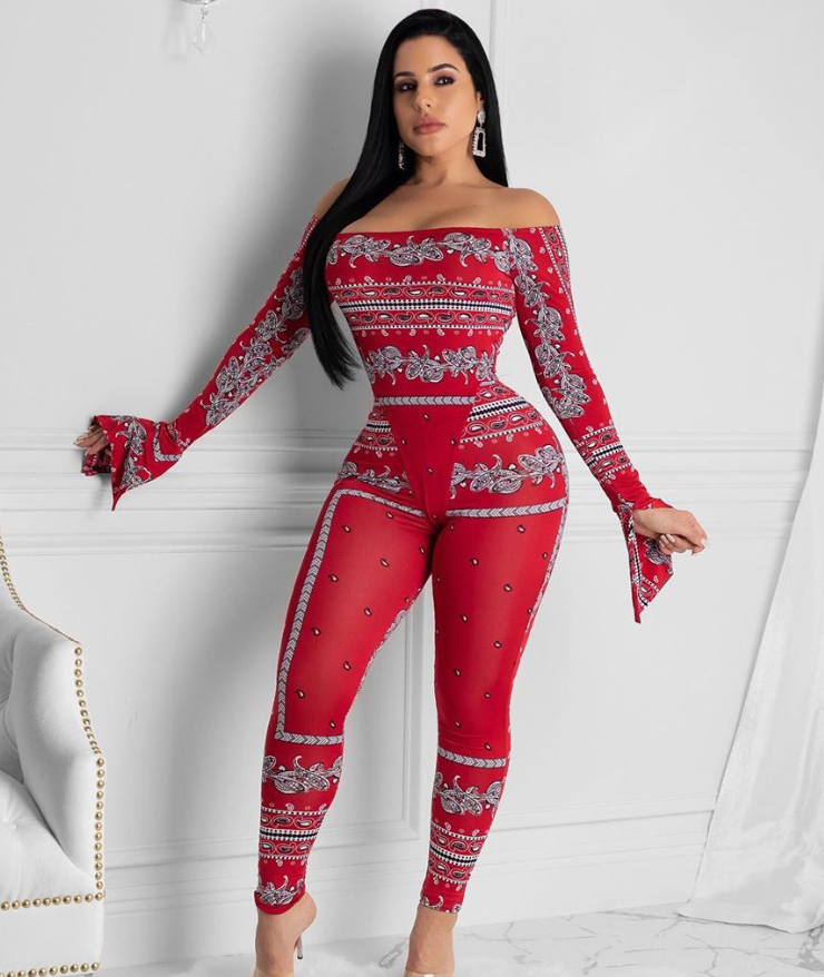 Women Long Sleeve Printed Bodysuit and Pant Two-piece Set