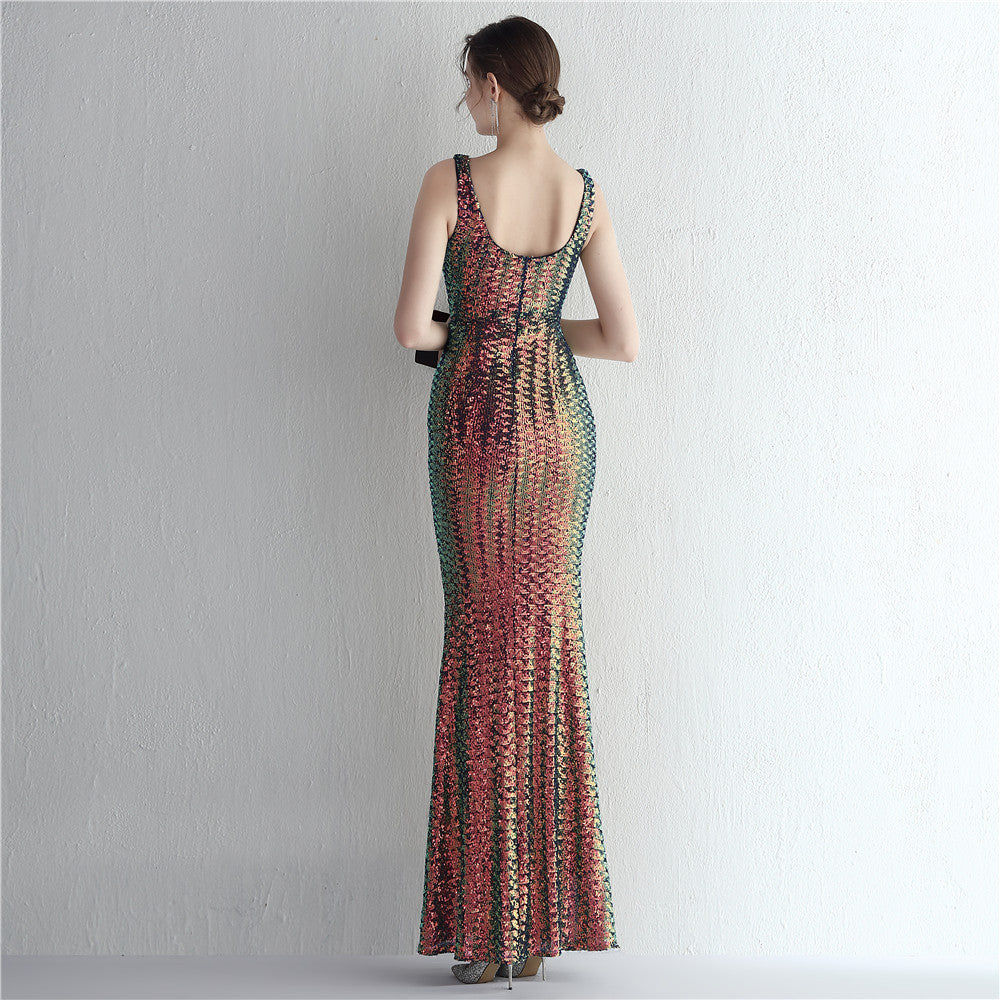 Women Iridescent Sequin Straps Deep v Formal Party Sequined Evening Dress 19