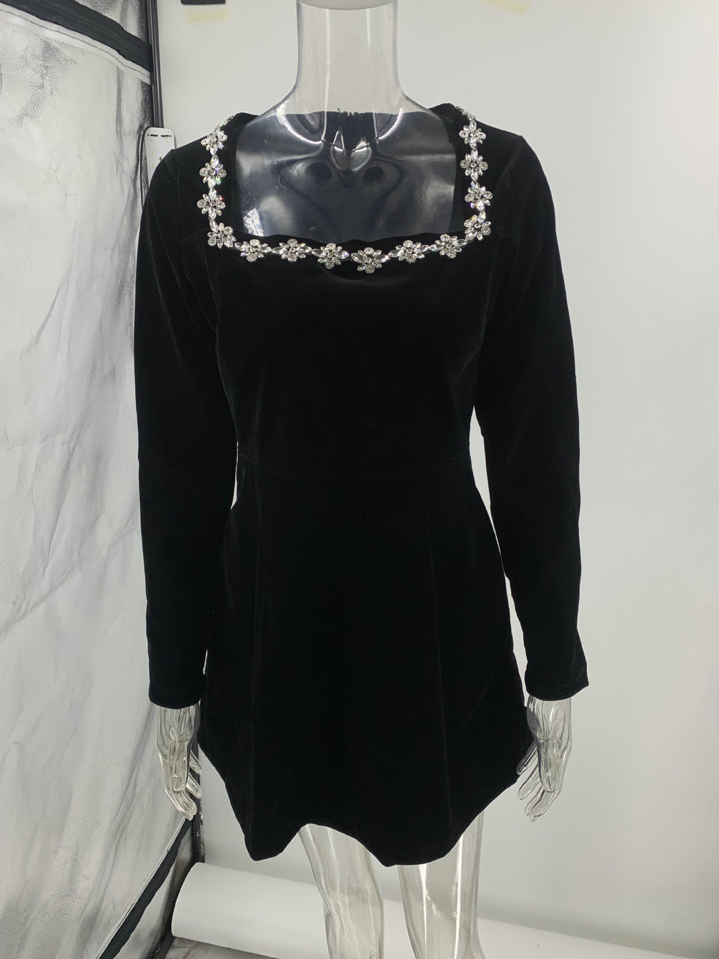 Spring women's clothing elegant square neck diamond short velvet dress 12