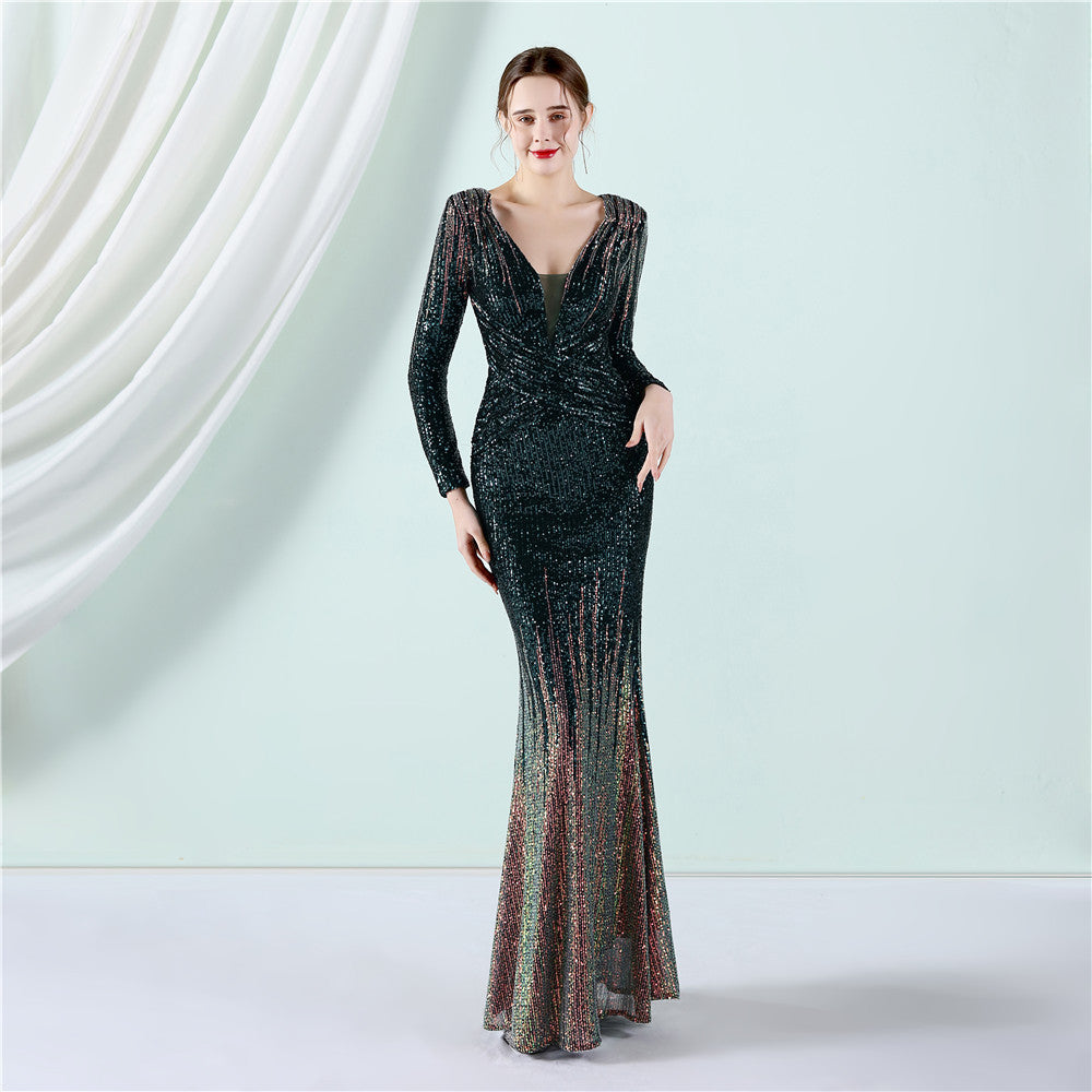 Women Spring Formal V-neck Full Sleeves Gradual change Sequined Mermaid Evening Dress