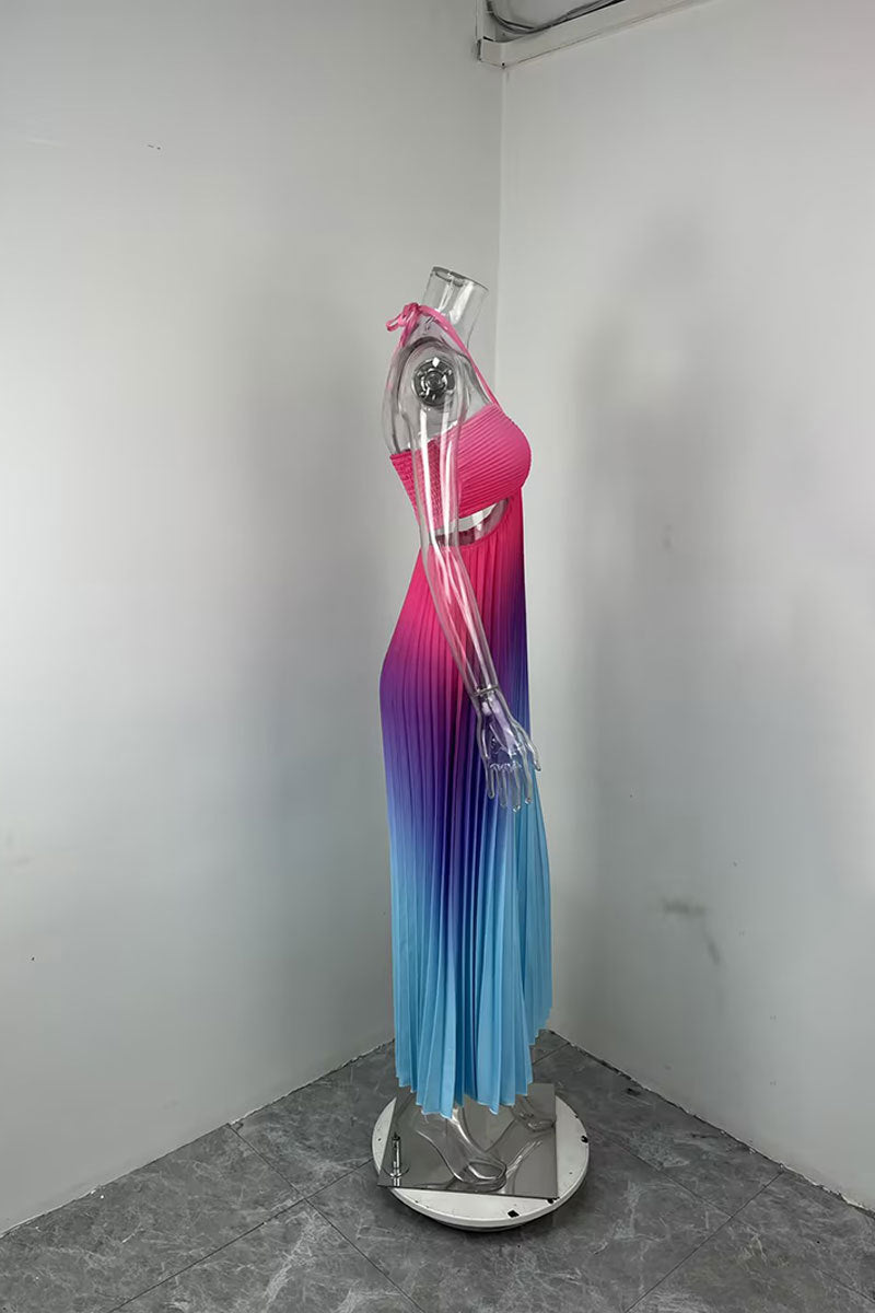 Women summer gradient Halter Neck pleated beach Holidays Maxi Dress 29