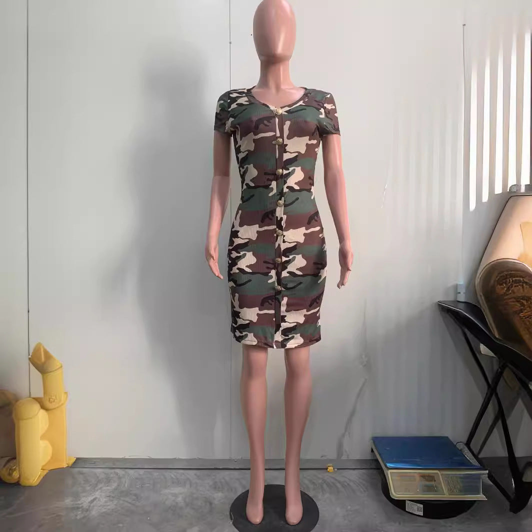 Summer Women's Fashion Ribbed Print Short Sleeve Sexy Dress 3