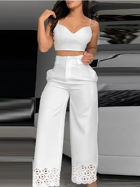 Women's Chic Elegant Solid Color Strap & High-Waist Hollow-Out Straight Trousers Set
