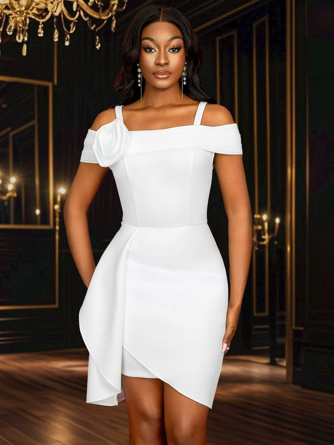 Fashionable Flower-Embellished Formal Party Off-Shoulder Bodycon Dress 4