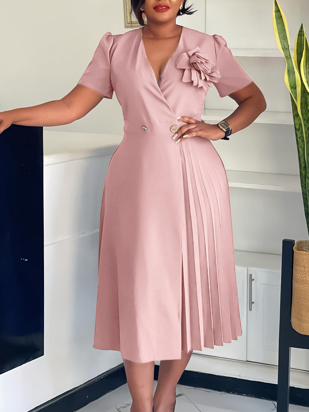 Women's Summer V-Neck Fashion Short Sleeve Solid Color Elegant Pleated African Dress 9