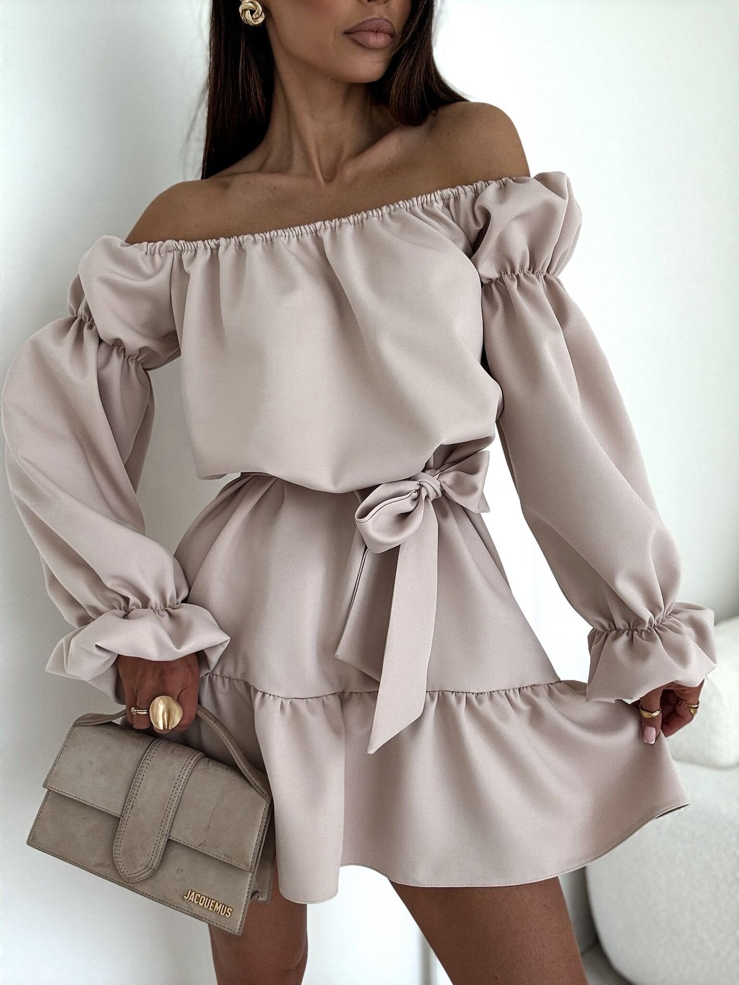 Women Fall Casual Solid Off-Shoulder Dress 4