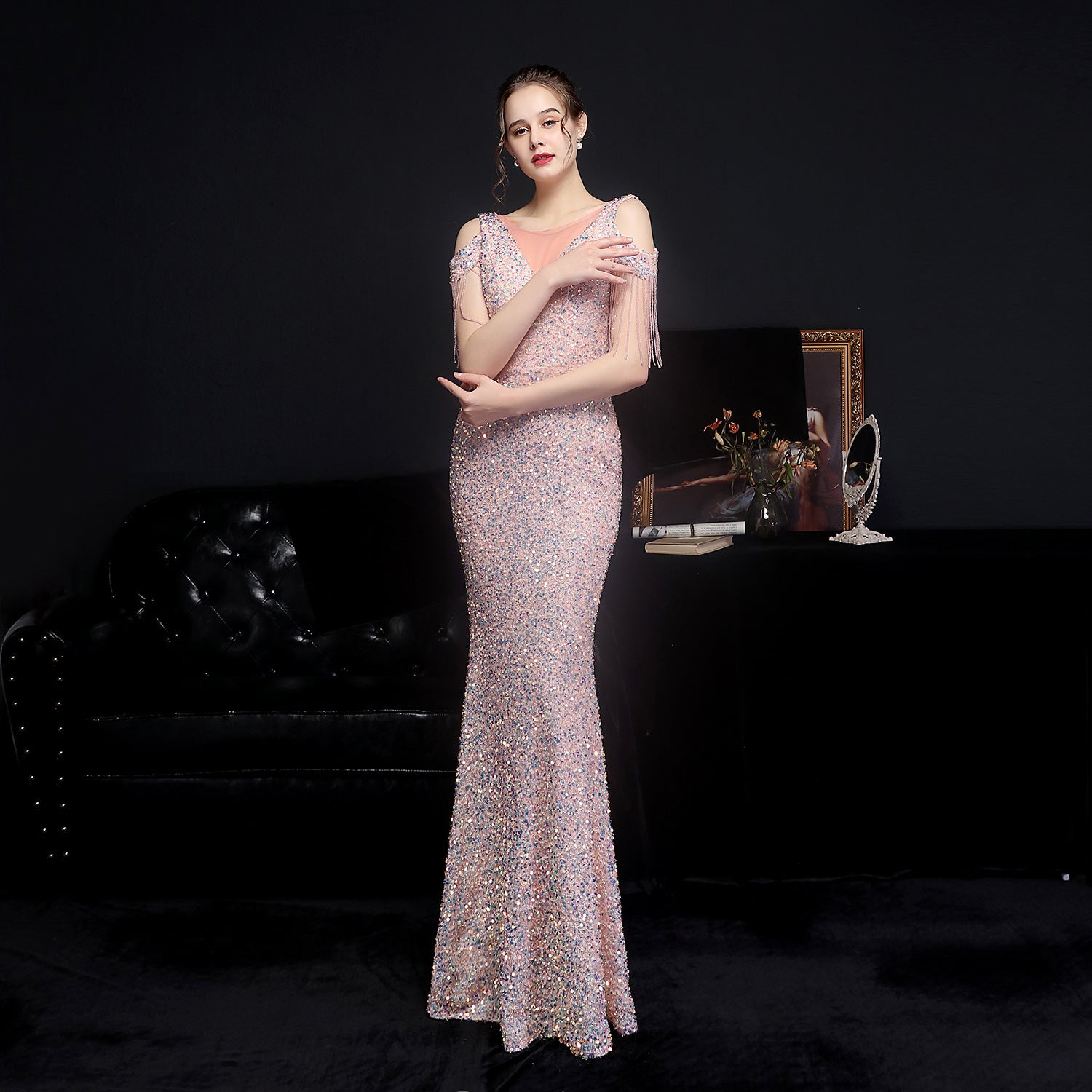 Summer formal sequin cutout shoulder tassel evening dress 15