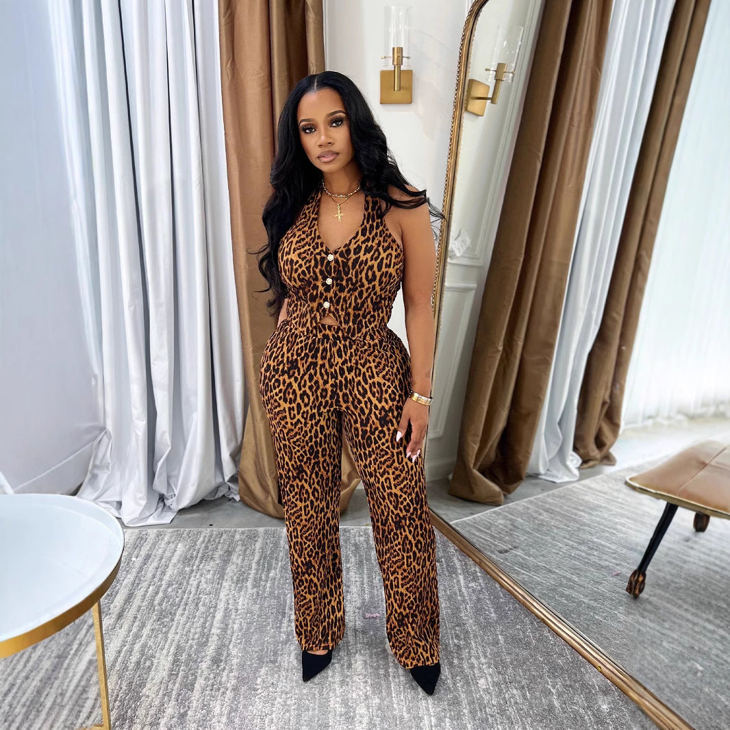 Fashion Leopard Print Sexy Sleeveless Two Piece Loose Pants Set 3