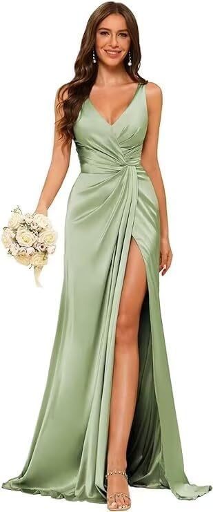 Women's Strap V-Neck Bridesmaid Dress Sleeveless Satin High Slit Prom Dress（Processing time need 3-6 days） 22
