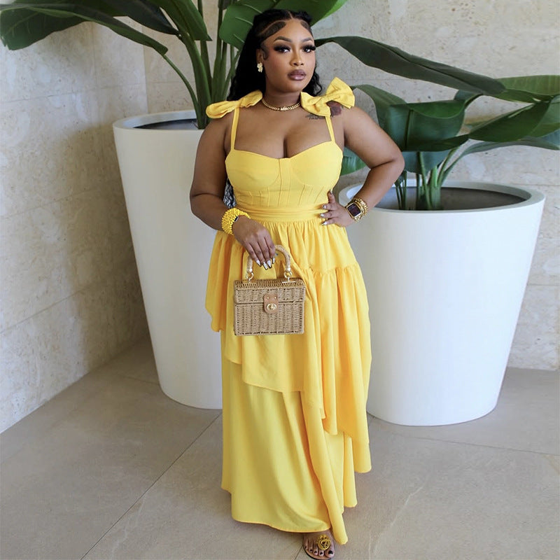 Women spring bow suspender v-neck ruffle dress 11