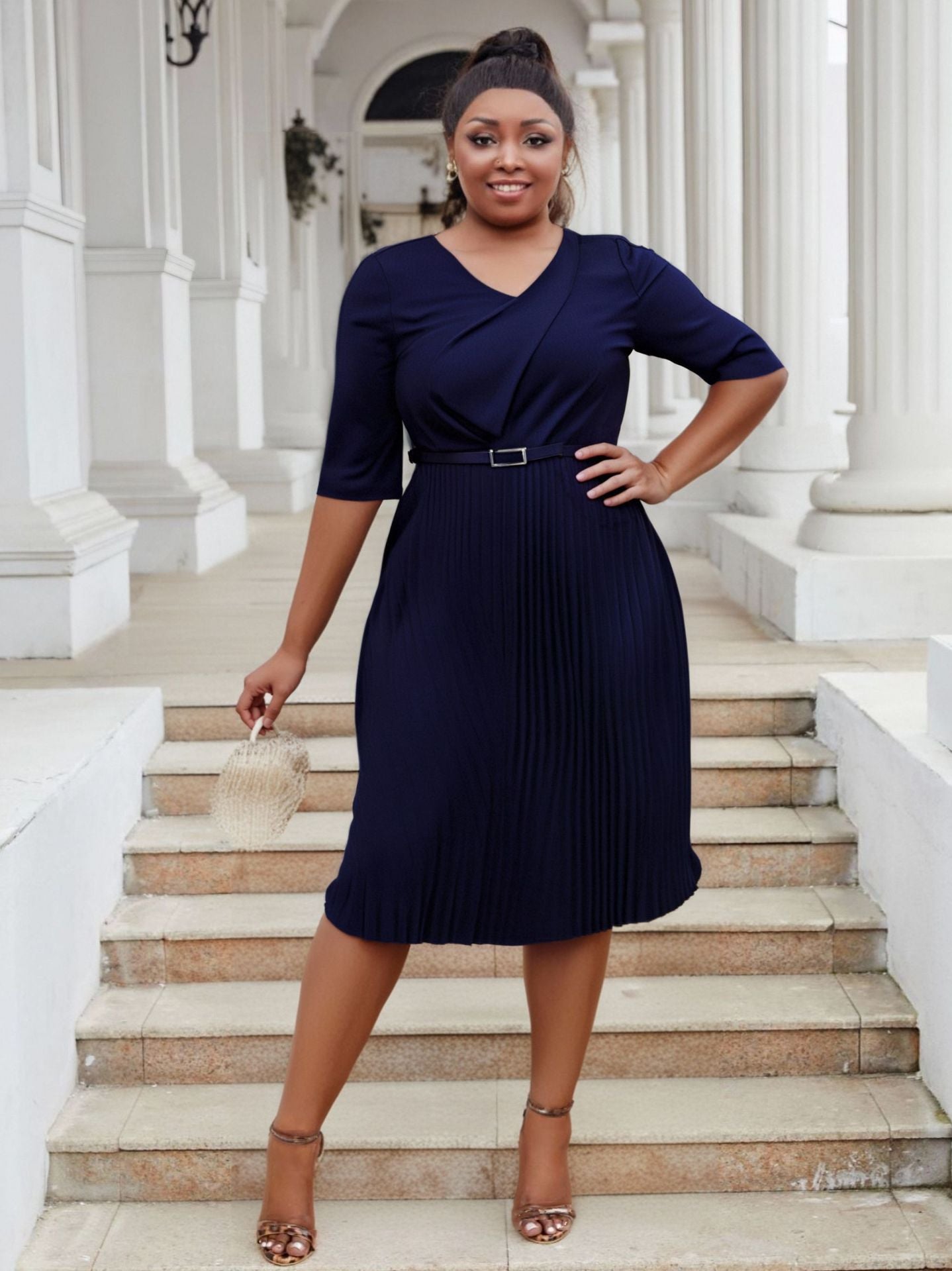 Plus Size fashion Career women's summer fashion Chic V-neck solid color pleated office dress 13