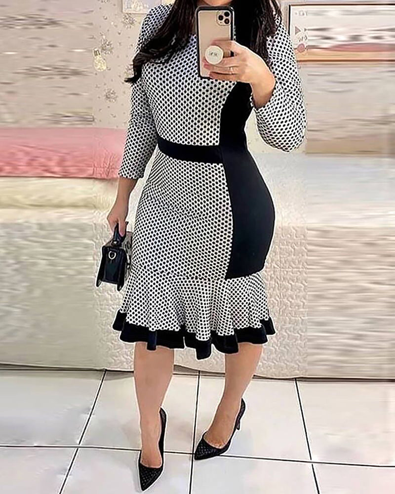 Women Polka Dot Print Contrast Color Ruffle Dress