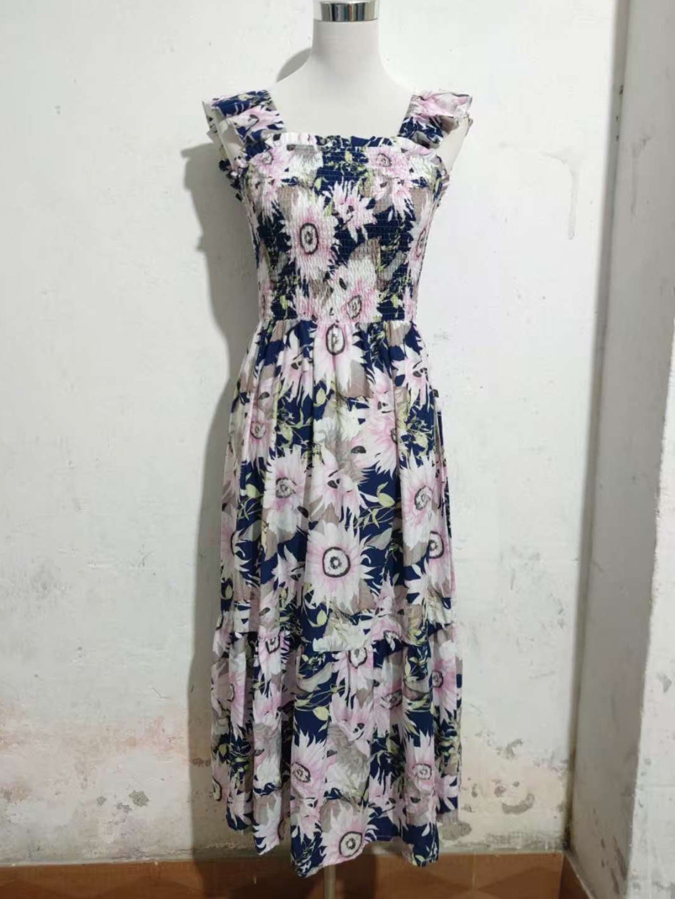 Women Large Flower Ruffle Sleeve Bohemian Beach Holidays Suspender Dress 10