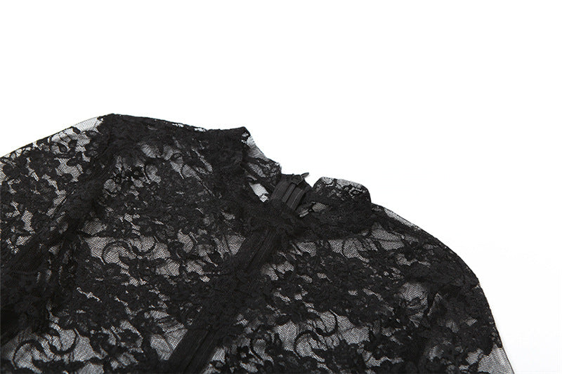 Women's Spring Summer Style Street Sexy See-Through Round Neck Long Sleeve Lace Tight Fitting Jumpsuit 11