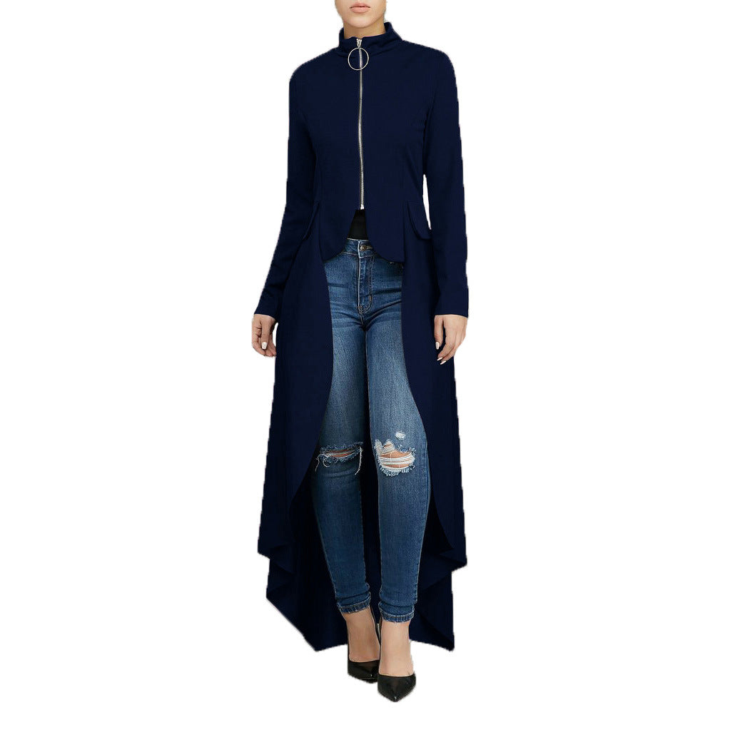 Spring Long-Sleeved High-Neck Slim Zipper Irregular Long Dress 5