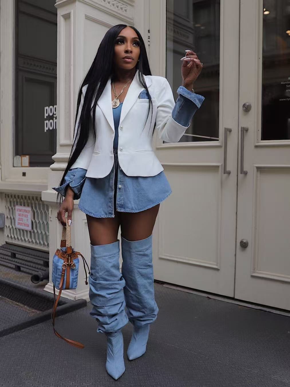 Women Casual Patchwork Denim Blazer Jacket 9