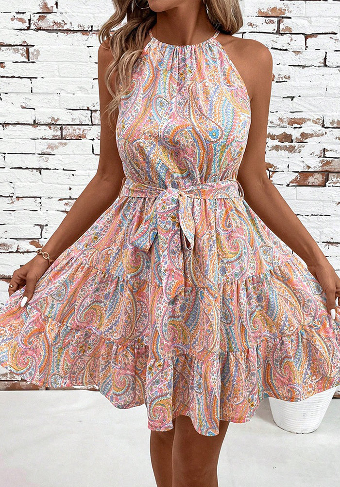 Women spring and summer lace-up printed suspender maxi dress