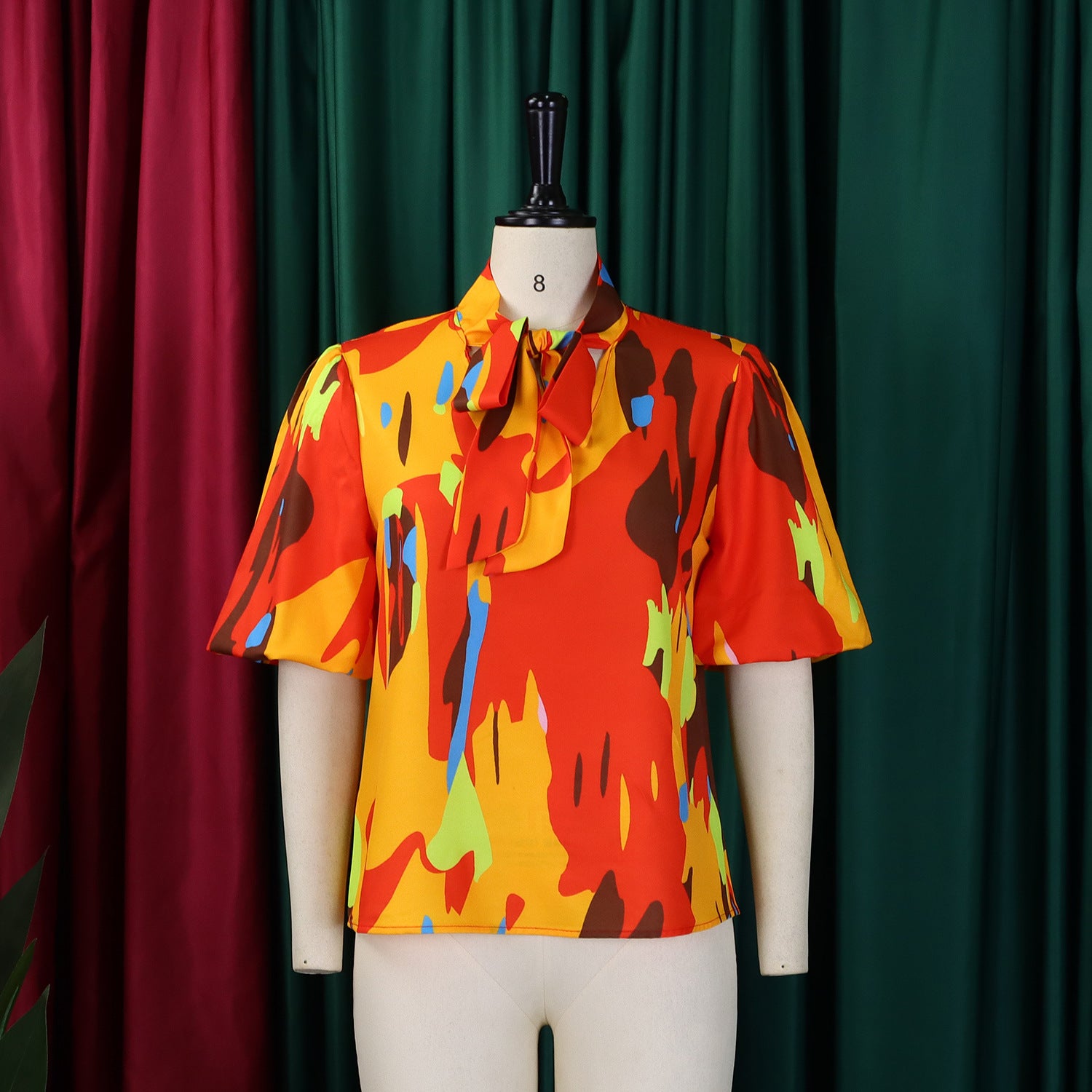 Women Printed Lace-Up Bubble Short Sleeve Shirt Top 10