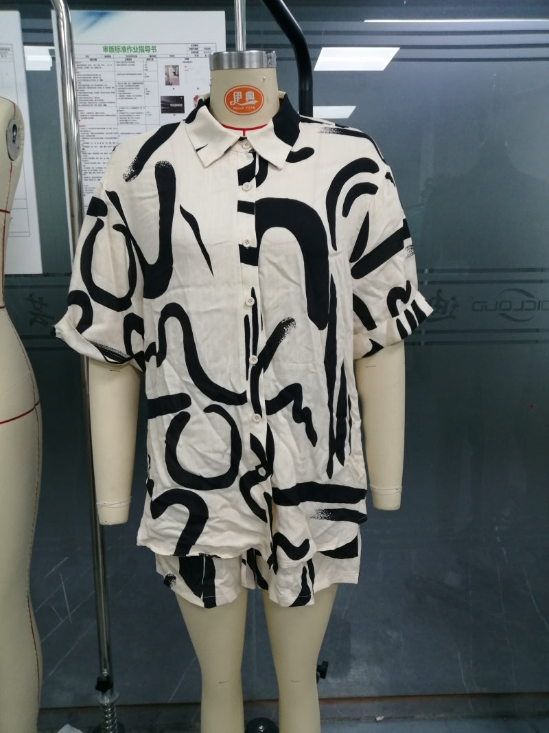Fashion Printed Set Women Summer Loose Casual Shirt + Shorts Two-Piece Set 14