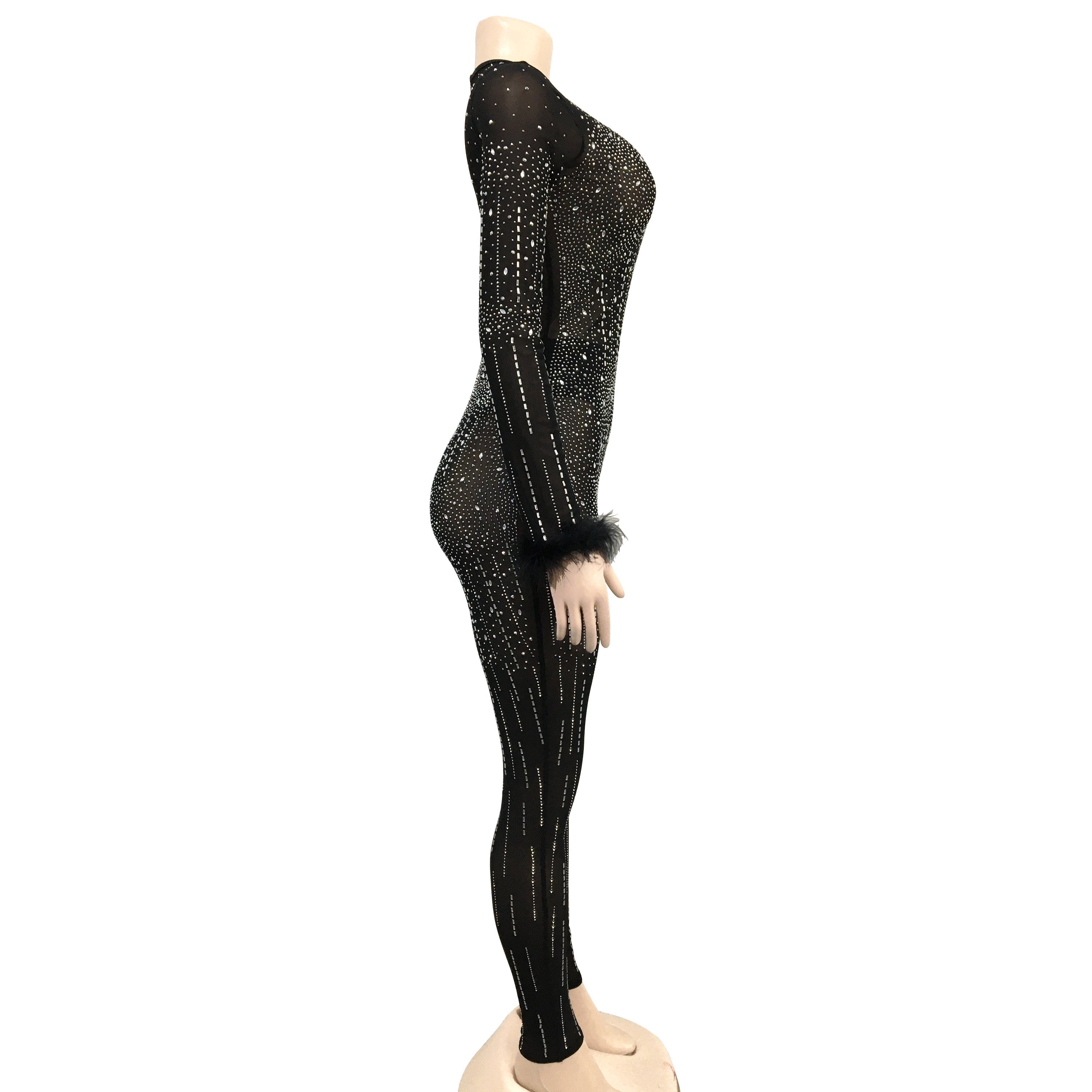 Fashion Women's Mesh Beaded V-Neck Long Sleeve Feather Long Library Jumpsuit 15
