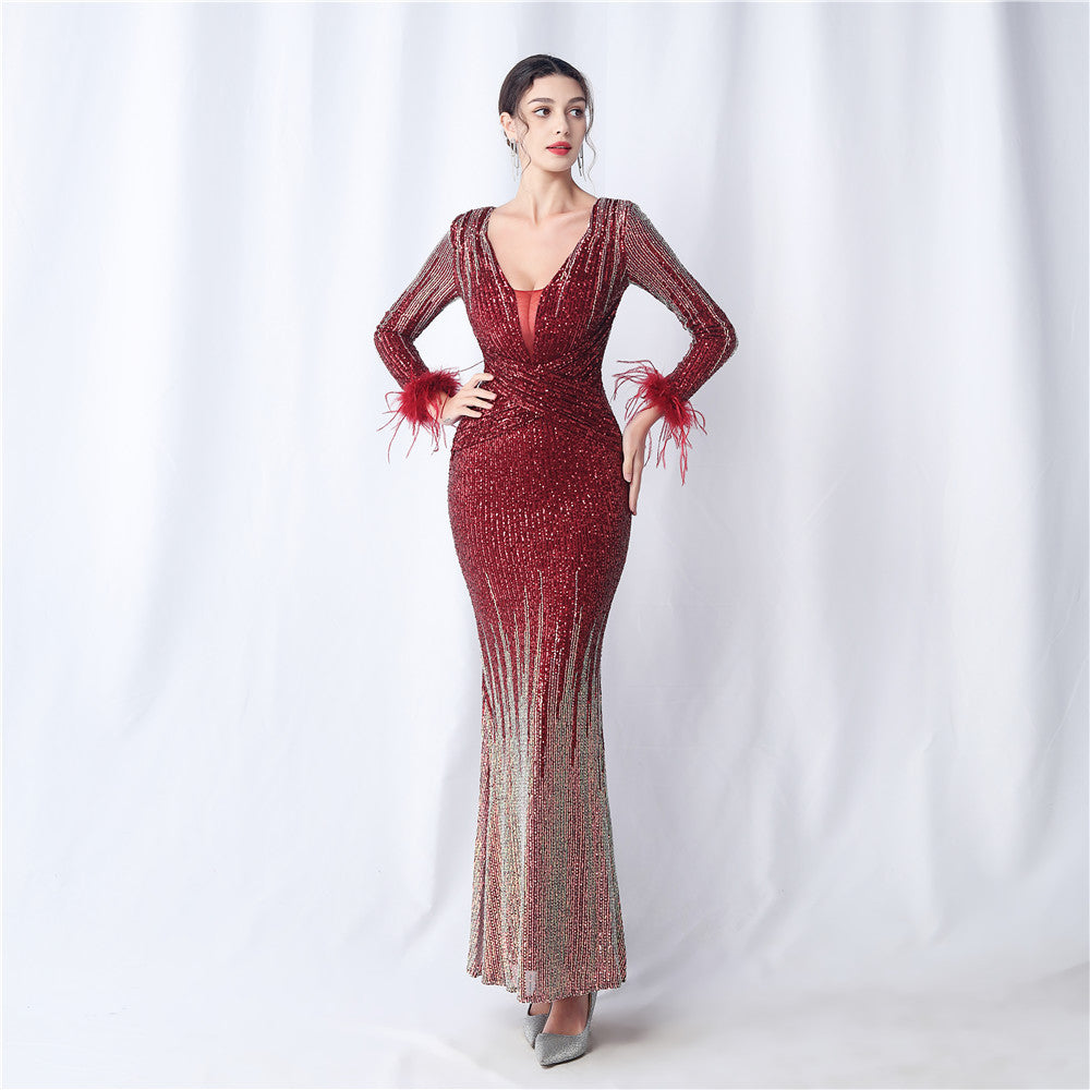 Women Ostrich Feather Gradient Sequins Long Sleeve Evening Gown 5